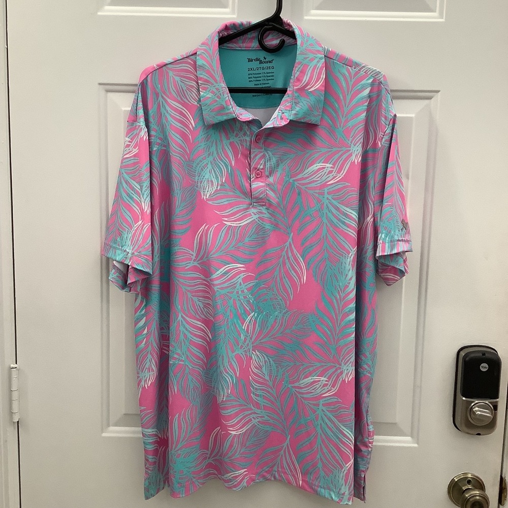 Birdie Bound Mens Polo Shirt 2XL Pink Teal Palm Leaf Golf Stretch Shirt